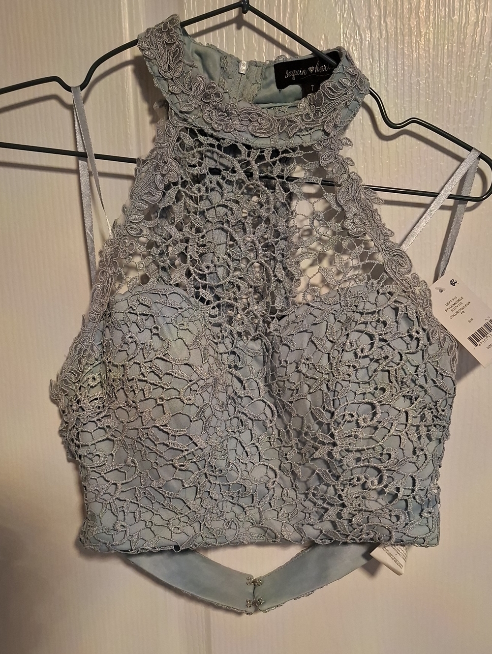Sequin Hearts Pale Blue Crochet Halter Crop Top